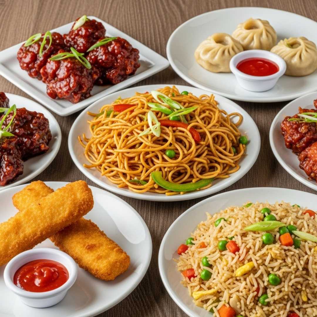 HEXA PLATTER— Veg-Fried Rice, Veg Noodles, 2 pcs Chicken Manchurian, 2 pcs Veg Manchurian, 2 pcs Fish Finger, 3 Pcs Momos