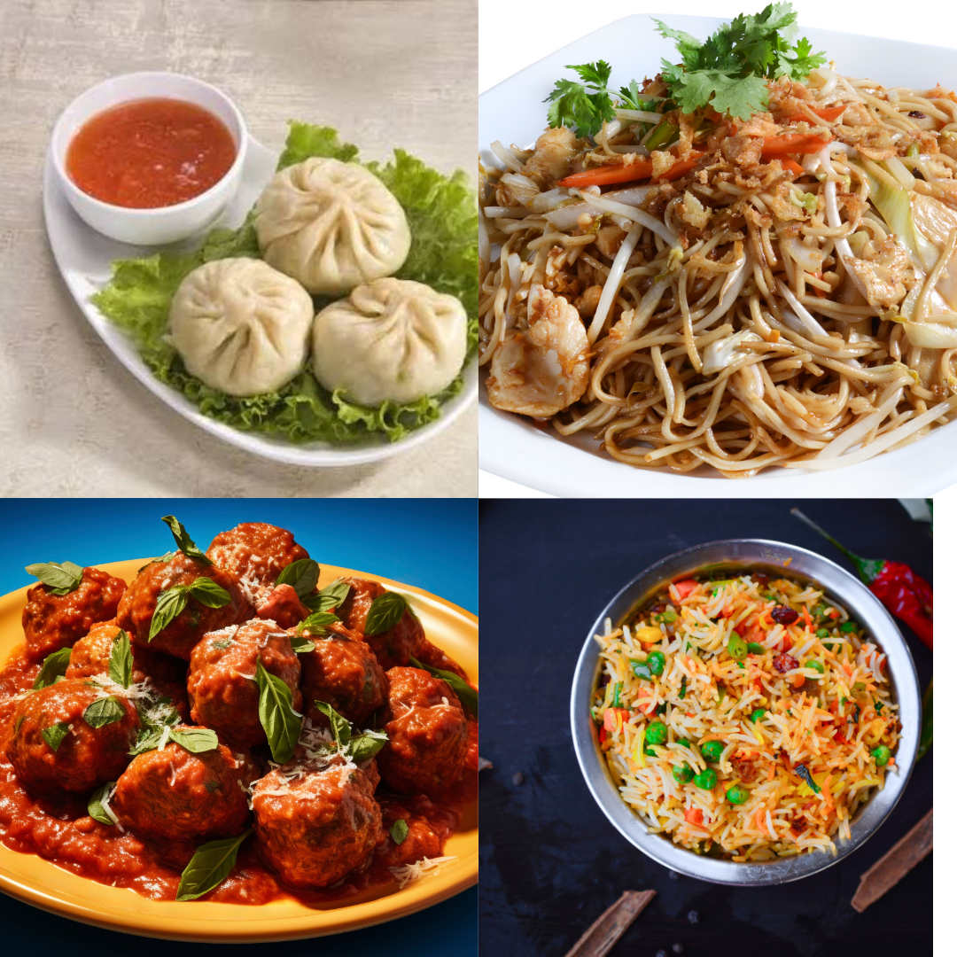 MACRO PLATTER— Veg Fried Rice/ Noodles, 3 pcs Chilli Chicken/Manchurian, 3 pcs Chicken Momo