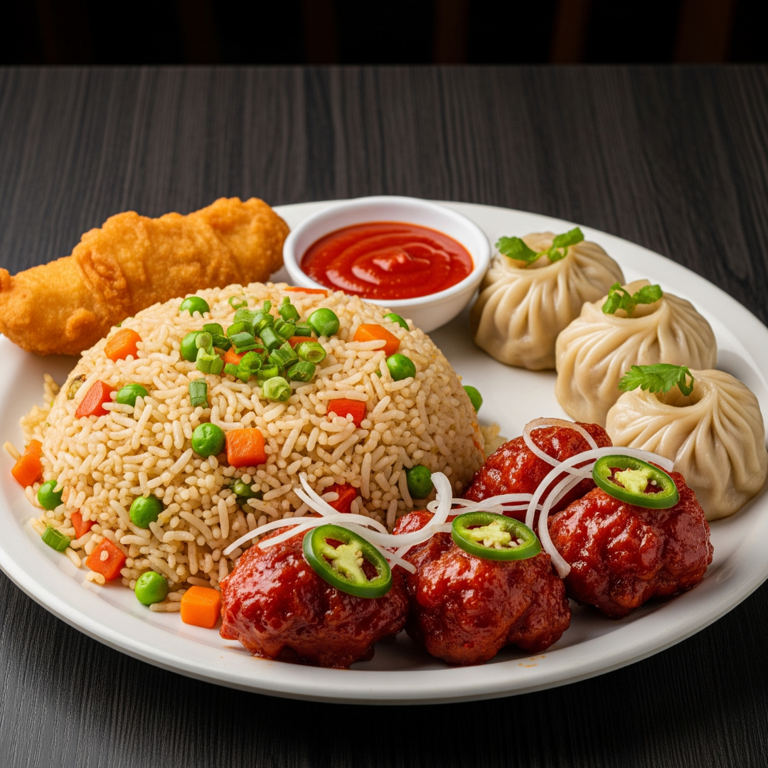 NANO PLATTER— Veg Fried Rice or Noodles, 3 Pcs Chilli Chicken/Manchurian, 3 pcs Chicken Momos, 1 pc Fish Finger