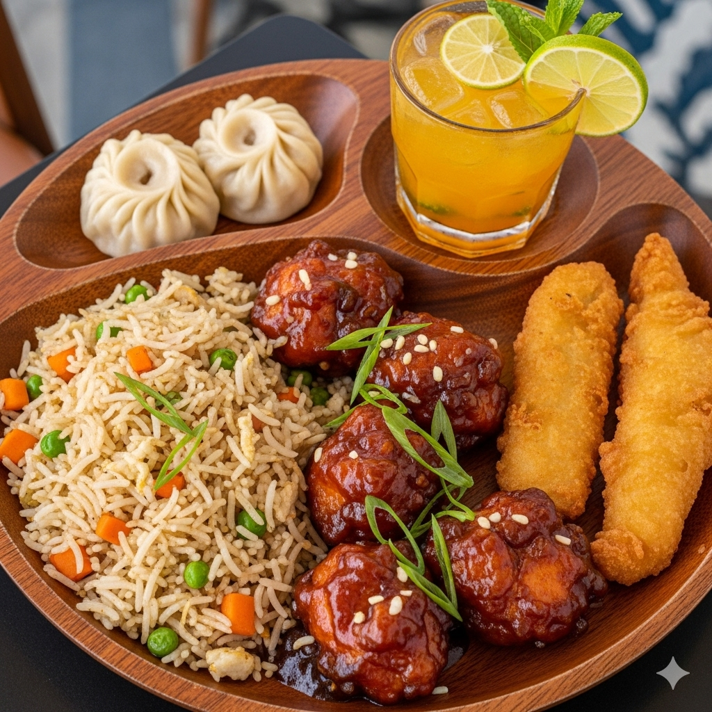 COCO PLATTER— Veg Fried Rice, 4 pcs Chicken Manchurian, 2 pcs Fish Finger, 2 pcs mono, 1 soda mocktail